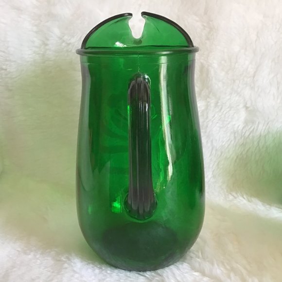 Rare Vintage Green Glass Etched Tulip Pitcher Set  with  5 Tumblers / Glasses - Picture 9 of 13